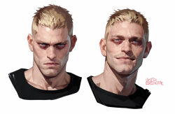 1boy black_shirt blonde_hair blue_eyes call_of_duty call_of_duty:_modern_warfare_2 closed_mouth commentary cropped_torso english_commentary ghost_(modern_warfare_2) looking_at_viewer male_focus multiple_scars multiple_views scar scar_on_face scar_on_neck shirt short_hair signature simple_background very_short_hair voidbringerr white_background