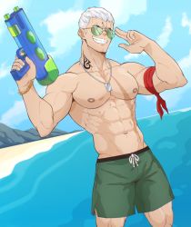 1boy abs bara beach blue_eyes bracelet breasts bryan_fury cleavage danzen dog_tags fang gold_bracelet green_male_swimwear green_swim_trunks highres large_breasts large_pectorals male_focus male_swimwear muscular muscular_male pectorals scar short_hair smile solo sunglasses swim_trunks swimsuit tattoo tekken topless_male water_gun white_hair