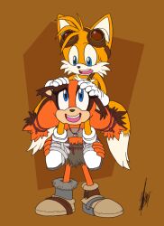 1boy 1girl artist_request blonde_hair blue_eyes brown_background brown_fur brown_hair carrying child collar fox furry furry_female furry_male gloves goggles hair_tie hairband jungle_girl multiple_tails orange_fur orange_hair sega shoes signature skirt socks sonic_(series) sonic_boom_(series) standing sticks_the_badger strapless tail tails_(sonic) teeth tube_top twintails two_tails upper_teeth_only walking yellow_fur