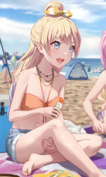 2girls anyoji_hime applying_sunscreen beach bikini blonde_hair blue_eyes blue_hair breasts cloud cloudy_sky collarbone commentary_request denim denim_shorts fang full_body gradient_hair hair_bun halterneck highres jewelry kachimachi_kosuzu light_blue_hair link!_like!_love_live! long_hair looking_at_another lotion love_live! multicolored_hair multiple_girls murano_sayaka murano_sayaka_(swimsuit) navel necklace ocean official_alternate_costume official_alternate_hairstyle open_mouth orange_bikini osawa_rurino osawa_rurino_(swimsuit) outdoors shamakho shorts single_hair_bun sitting sky small_breasts smile solo_focus sunscreen swimsuit teeth upper_teeth_only virtual_youtuber water yugiri_tsuzuri yugiri_tsuzuri_(swimsuit)