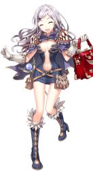 1girl bag belt boots breasts brown_belt brown_dress caduceus cape closed_eyes creator_(ragnarok_online) crystal_earrings dress earrings full_body fur-trimmed_boots fur_trim gloves grey_boots grey_dress grey_hair hair_ornament holding holding_bag jewelry large_variant_set long_hair medium_breasts nardack navel official_art open_mouth plunging_neckline purple_cape ragnarok:_guild_masters ragnarok_online red_bag short_dress simple_background smile solo staff standing standing_on_one_leg strapless strapless_dress swept_bangs teeth transparent_background variant_set vial wavy_hair white_gloves x_hair_ornament