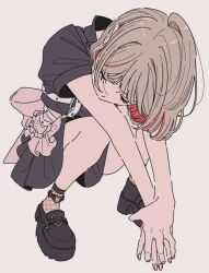 1girl apron back_bow black_dress black_shoes bow brown_hair buckle chest_harness closed_eyes colored_inner_hair dress facing_down fishnet_socks fishnets harness heart heart-shaped_buckle highres kamatama_rom makaino_ririmu makaino_ririmu_(5th_costume) multicolored_hair nijisanji official_alternate_costume pink_apron pink_bow pink_hair platform_shoes shoes short_hair short_sleeves simple_background socks solo squatting two-tone_hair virtual_youtuber waist_apron white_background