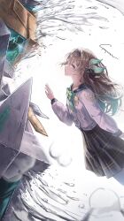 1girl absurdres black_hairband black_ribbon bow bowtie collared_shirt firefly_(honkai:_star_rail) firefly_(spring_missive)_(honkai:_star_rail) gradient_eyes gradient_hair green_bow green_bowtie green_pupils grey_armor grey_hair grey_skirt hair_between_eyes hair_intakes hair_ornament hair_ribbon hairband highres honkai:_star_rail honkai_(series) long_hair long_sleeves multicolored_eyes multicolored_hair pleated_skirt ribbon sam_(honkai:_star_rail) shi3 shirt signature simple_background skirt solo two-tone_eyes water white_background white_shirt white_sleeves