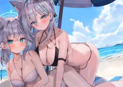 2girls absurdres alternate_costume alternate_hairstyle animal_ear_fluff animal_ears aqua_eyes beach beach_mat beach_umbrella bikini black_bikini blue_archive blue_eyes blue_halo blue_sky blush breasts bright_pupils cleavage closed_mouth cloud cloudy_sky collarbone criss-cross_halter cross cross_hair_ornament day dual_persona extra_ears grey_eyes grey_hair hair_ornament halo halterneck highres inverted_cross kuroshiro_kanae large_breasts long_hair low_ponytail lying mismatched_pupils multiple_girls on_side outdoors ponytail shiroko_(blue_archive) shiroko_terror_(blue_archive) sky strapless swimsuit thighs tube_top umbrella white_bikini white_pupils wolf_ears wolf_girl