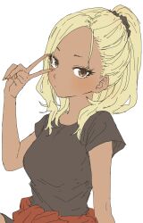 1girl absurdres asymmetrical_bangs black_shirt blonde_hair blush breasts brown_eyes closed_mouth clothes_around_waist commentary_request fingernails forehead hand_up highres ichinose_karina jacket jacket_around_waist long_fingernails long_hair looking_at_viewer manemane_nichinichi medium_breasts nail_polish pink_nails ponytail red_jacket shirt short_sleeves simple_background solo tan v white_background yamamoto_souichirou