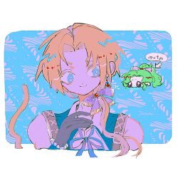 1boy aqua_eyes aqua_vest black_gloves blonde_hair chibi cropped_torso dissidia_final_fantasy earrings final_fantasy final_fantasy_ix gloves green_hair hair_ribbon highres jewelry looking_at_another monkey_tail nayo_(kr_000515) neck_ribbon pale_color ponytail ribbon shoulder_belt smile tail tina_branford zidane_tribal