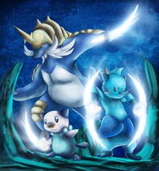 armor black_eyes blue_theme closed_mouth deruuyo dewott evolutionary_line gen_5_pokemon nintendo no_humans oshawott pokemon pokemon_(creature) red_eyes samurott seashell shell spikes standing whiskers
