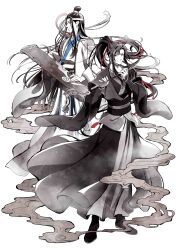 2boys absurdres ahoge anime_coloring black_boots black_hair black_hanfu boots chinese_clothes dizi floating_hair flute flute_tassel full_body guqin hair_ribbon hand_fan hanfu headband high_ponytail highres holding holding_flute holding_instrument instrument lan_wangji long_hair long_sleeves looking_at_viewer looking_to_the_side male_focus modao_zushi monochrome multiple_boys official_art ponytail red_eyes red_ribbon ribbon robe sash sidelocks simple_background sleeves_past_wrists smoke spot_color standing tassel topknot transverse_flute very_long_hair wei_wuxian white_background white_hanfu white_headband wide_sleeves xiao_guan_(headdress) yaopei
