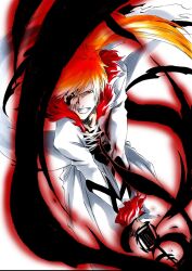 Rule 34 | 1boy, alternate color, bankai, black sclera, bleach, brown eyes, clenched teeth, colored sclera, commentary, commission, dutch angle, energy, english commentary, floating clothes, floating hair, fur-trimmed collar, fur-trimmed sleeves, fur trim, getsuga tensho, hair between eyes, hakama, heterochromia, highres, holding, holding sword, holding weapon, hollow ichigo, incoming attack, japanese clothes, ken&#039;ichi (ken1ro u), kubo tite (style), kurosaki ichigo, long hair, long sleeves, looking at viewer, male focus, mask, official alternate hair length, official alternate hairstyle, official style, orange hair, second-party source, serious, shihakusho, simple background, skeb commission, solo, sword, teeth, tensa zangetsu (bankai), v arms, very long hair, weapon, white background, white hakama, yellow eyes