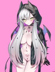 1girl absurdres black_hoodie blush breasts demon_wings fate/grand_order fate_(series) green_eyes highres hood hoodie jacket long_hair looking_at_viewer nagine naked_jacket navel no_panties ordeal_call_servant_(female) pink_background pointy_ears pubic_tattoo smile solo tattoo twintails white_hair wings