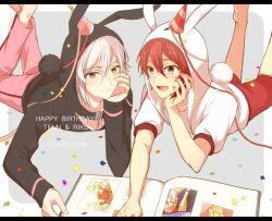 2boys animal_ear_hood animal_ears asymmetrical_hair barefoot black_border book border brown_eyes closed_mouth confetti english_text fake_animal_ears fake_tail feet_out_of_frame grey_background hand_on_own_cheek hand_on_own_face happy happy_birthday hat hat_ornament hood hood_up hooded_jacket idolish7 jacket kujou_tenn legs_up letterboxed long_sleeves looking_at_object lying male_focus mini_party_hat multiple_boys nanase_riku nau_(rg_sn79) on_stomach open_book open_mouth outside_border pants photo_album pink_hat pink_pants puffy_short_sleeves puffy_sleeves rabbit_ears rabbit_tail red_eyes red_hair red_hat red_shorts short_hair short_sleeves shorts smile star_(symbol) star_hat_ornament streamers striped_hat sweatpants tail teeth upper_teeth_only white_border white_hair white_jacket