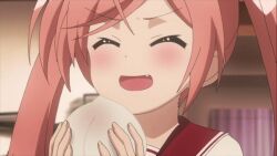 1girl animated animated_gif chewing closed_eyes closed_mouth curtains dot_nose eating fang female_focus food hair_ornament hairclip heart heart_hair_ornament hidan_no_aria holding holding_food indoors kanzaki_h._aria open_mouth pink_hair solo twintails