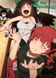 2girls anger_vein arm_across_waist arms_up black_bow black_hair black_shirt black_shorts bottle bow braid brand_name_imitation breasts camisole character_doll cleavage closed_eyes cloudykeyz doll feathered_wings flying_teardrops fumo_(doll) glue hair_bow highres kaenbyou_rin large_breasts long_hair medium_hair multiple_girls nail_polish open_mouth patreon_username pringles_can red_hair red_nails red_shorts reiuji_utsuho sexually_suggestive shirt shorts simulated_facial spill suggestive_fluid table touhou twin_braids twitter_username very_long_hair white_camisole wings