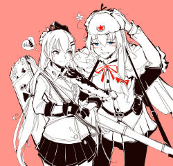 2girls belt black_skirt blue_eyes blush bow girls&#039;_frontline grey_eyes gun hair_ornament long_hair multiple_girls red_bow rifle skirt svd_(girls&#039;_frontline) weapon white_hair