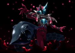 1boy absurdres armor assault_visor asymmetrical_horns blood_stalk blue_eyes blue_horns bodysuit cobra_(animal) cowboy_shot fog gloves helmet highres horns kamen_rider kamen_rider_build_(series) looking_at_viewer male_focus otokamu outstretched_arms red_bodysuit red_gloves red_horns science_fiction snake spread_arms steam tokusatsu vest villain_pose wire