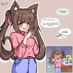 Rule 34 | 1girl, ?, absurdres, animal ear fluff, animal ears, artist name, blood, blood splatter, blue pants, blush, breasts, brown hair, cat, cat ears, cat girl, cat tail, chocola (nekopara), commentary, cowboy shot, crying, english commentary, fang, hair ribbon, hamster, hand up, highres, long hair, looking at viewer, medium breasts, nekopara, open mouth, orange eyes, outline, pants, pink ribbon, pink sweater, ribbon, rownou, skin fang, standing, sweater, tail, talking, tearing up, turtleneck, turtleneck sweater, twintails, white outline, x x