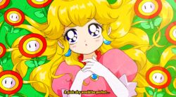 1990s_(style) :o aqua_eyeshadow bad_id bad_twitter_id bishoujo_senshi_sailor_moon blonde_hair blue_eyes blue_gemstone chest_jewel collared_dress commentary crown day dot_nose dress earrings elbow_gloves english_commentary english_text eyelashes eyeshadow fake_screenshot faux_retro_artstyle field film_grain fire_flower flower flower_field frilled_dress frilled_sleeves frills gem gloves gold_crown hair_spread_out highres honeymoonpetal jewelry light_blush lipstick long_hair looking_ahead lying makeup mario_(series) nintendo on_back on_grass outdoors own_hands_together parody parted_lips pink_dress pink_lips princess_peach puffy_short_sleeves puffy_sleeves raised_inner_eyebrows retro_artstyle short_sleeves sphere_earrings style_parody tareme very_long_hair white_gloves