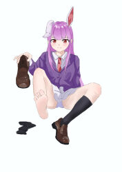 1girl absurdres barefoot black_socks blush bunny_day feet highres light_smile loafers long_hair looking_at_viewer panties pantyshot purple_hair red_eyes reisen_udongein_inaba shoes socks soles toes touhou underwear unworn_shoes unworn_socks yunku099