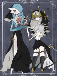 alternate_color black_skirt black_thighhighs black_veil blue_hair blue_skin bob_cut colored_skin gardevoir gen_3_pokemon gen_7_pokemon hair_over_one_eye heart highres inb795 kneeling looking_at_viewer multicolored_skin nintendo pheromosa pokemon pokemon_(creature) shiny_pokemon side_slit skirt thighhighs two-tone_skin ultra_beast veil white_skin