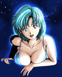 Rule 34 | 1990s (style), 1girl, bikini, bishoujo senshi sailor moon, blue eyes, blue hair, blue theme, breasts, cleavage, female focus, large breasts, lens flare, matching hair/eyes, mizuno ami, retro artstyle, short hair, solo, swimsuit, tomizofu