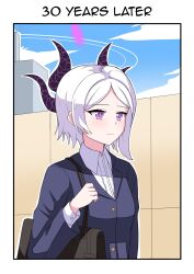 Rule 34 | 1girl, aged up, bag, blue archive, collared shirt, commentary, demon girl, demon horns, english commentary, english text, forehead, gzanth, highres, hina (blue archive), horns, long sleeves, looking at viewer, medium hair, office lady, parted bangs, purple eyes, shirt, shoulder bag, sidelocks, solo, wavy hair, white hair