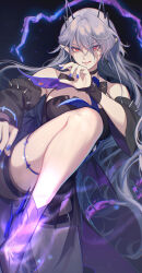 1girl absurdres bare_shoulders bat_wings belt black_background black_bow black_bowtie black_collar black_dress black_sleeves black_wrist_cuffs bow bowtie breasts collar commentary detached_sleeves dress elvira_(epic_seven) epic_seven glowing gootai hair_between_eyes highres incoming_kick jewelry knee_up large_breasts long_hair necktie purple_hair purple_nails purple_necktie red_eyes shorts sleeveless sleeveless_dress solo spiked_thighlet spikes thighlet thighs thorns wide_sleeves wings wrist_cuffs