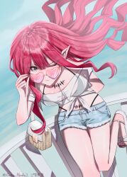 1girl absurdres baobhan_sith_(fate) bare_shoulders bikini bikini_under_clothes black_bikini blue_shorts blush breasts cleavage cutoffs denim denim_shorts fate/grand_order fate_(series) goma_hyoka grey_eyes heart heart-shaped_eyewear highres large_breasts leaning_forward long_hair looking_at_viewer off_shoulder one_eye_closed pink_hair pointy_ears sandals see-through_clothes see-through_shirt shirt short_shorts shorts sidelocks solo sunglasses swimsuit thighs tied_shirt white_shirt