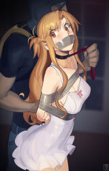 1boy 1girl arms_behind_back asuna_(sao) bare_shoulders bdsm blonde_hair bondage bound bound_arms breasts brown_eyes cad_(caddo) cleavage collar collarbone dress frilled_dress frills gag gagged highres improvised_gag leash long_hair medium_breasts restrained shibari shibari_over_clothes sidelocks slave standing sword_art_online tape tape_gag very_long_hair white_dress