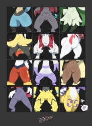 !? 6+girls ^^^ absurdres animal_hands arms_behind_back artist_name black_background black_border black_fur blue_fur body_fur border braixen brown_fur cinderace claws crossover crotch crotch_focus dated digimon digimon_(creature) female_focus fox_girl fox_tail furry furry_female gen_3_pokemon gen_4_pokemon gen_5_pokemon gen_6_pokemon gen_7_pokemon gen_8_pokemon green_fur grey_fur groin highres leg_tattoo legendary_pokemon legs_apart lopunny lower_body lucario lycanroc lycanroc_(midnight) meowscarada mienshao multicolored_fur multiple_girls mythical_pokemon navel nintendo odd_one_out pawpads pokemon pokemon_(creature) purple_fur rabbit_girl rabbit_tail red_fur renamon short_tail signature simple_background speech_bubble spoken_interrobang standing stomach straight-on surprised tail tattoo thick_thighs thighs two-tone_fur weavile white_fur wolf_girl wolf_tail yellow_fur yin_yang zangoose zeraora zinfyu zoroark
