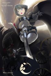 1girl absurdres blue_eyes blue_hair blue_skirt cape crescent_moon detached_sleeves dual_persona fortissimo from_behind gloves guyca_braves hair_ornament highres looking_at_viewer madoka_runes magia_record:_mahou_shoujo_madoka_magica_gaiden magical_girl mahou_shoujo_madoka_magica miki_sayaka miki_sayaka_(magical_girl) moon musical_note musical_note_hair_ornament oktavia_von_seckendorff open_mouth pleated_skirt saber_(weapon) skirt solo soul_gem sword thighhighs twitter_username weapon wheel white_cape white_gloves witch_(madoka_magica)