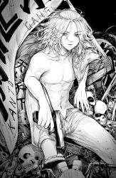 1boy abs absurdres arm_rest black_background feet_out_of_frame finger_on_trigger flag gears geta greyscale gun hair_slicked_back highres holding holding_gun holding_weapon jacket jacket_over_shoulder unworn_jacket junk knee_up looking_at_viewer male_focus medium_hair monochrome open_pants pants pizza_oisii6 sano_manjirou sitting skill solo tokyo_revengers topless_male weapon
