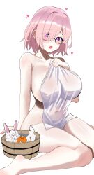 Rule 34 | 1girl, blush, breasts, desspie, fate/grand order, fate (series), glasses, heart, heart-shaped pupils, highres, huge breasts, mash kyrielight, naked towel, nude, pink hair, purple eyes, semi-rimless eyewear, short hair, simple background, solo focus, symbol-shaped pupils, towel, under-rim eyewear, white background