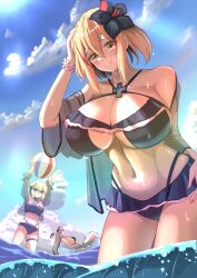 3girls absurdres azur_lane ball beachball bikini black_bikini black_flower blue_innertube breasts clothing_cutout collarbone day flower from_below hair_flower hair_ornament hand_on_own_head highres huge_breasts large_breasts looking_at_viewer medium_breasts medium_hair multicolored_hair multiple_girls namazake official_alternate_costume orange_hair outdoors prinz_eugen_(azur_lane) prinz_eugen_(unfading_smile)_(azur_lane) purple_bikini red_hair roon_(azur_lane) see-through_clothes streaked_hair summer swimsuit underboob_cutout water yellow_eyes z23_(azur_lane) z23_(breezy_doubles)_(azur_lane)