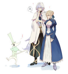 1girl 2boys ? ahoge artoria_pendragon_(fate) bar_censor blonde_hair blue_dress breasts bun_with_braided_base cane capelet censored censored_identity cleavage cleavage_cutout clothing_cutout commentary_request crossover dress excalibur_(soul_eater) fate/grand_order fate_(series) grey_hair hair_bun highres holding holding_cane juliet_sleeves long_sleeves merlin_(fate) moomin moomintroll multiple_boys nigiri puffy_sleeves saber_(fate) single_hair_bun small_breasts soul_eater speech_bubble thinking thought_bubble white_capelet wide_sleeves