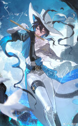 1boy :d absurdres animal_ears armored_boots asymmetrical_gloves asymmetrical_sleeves belt bird black_belt black_gloves black_hair blue_coat blue_eyes blue_hair blurry boots capelet cat_boy cat_ears cat_tail chinese_commentary cloud coat commission cross day depth_of_field eye_print facing_viewer feet_out_of_frame flute gloves grey_shirt hands_up hat hat_feather hat_ornament highres holding holding_flute holding_instrument instrument layered_sleeves lighthouse long_bangs long_sleeves low_ponytail male_focus mismatched_gloves mole mole_under_eye mole_under_mouth multicolored_hair ocean open_clothes open_coat open_mouth original pants pathologicaldiagnosis ponytail rock sample_watermark shirt short_over_long_sleeves short_sleeves side_cape sky sleeveless sleeveless_coat smile standing streaked_hair tail thigh_strap watermark weibo_watermark white_capelet white_gloves white_hat white_pants wide_sleeves