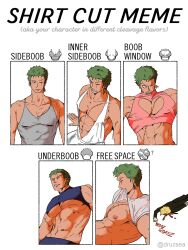 Rule 34 | 2boys, abs, alternate costume, annoyed, aroused nosebleed, bara, bare pectorals, bare shoulders, center opening, cleavage cutout, clothes in mouth, clothes lift, clothing cutout, covered erect nipples, cowboy shot, english text, fainted, green hair, heart cutout, highres, large pectorals, looking at viewer, male focus, mouth hold, multiple boys, multiple drawing challenge, muscular, muscular male, navel, nipples, one piece, pectorals, pink shirt, roronoa zoro, sanji (one piece), scar, scar on face, shirt, shirt cut meme, shirt in mouth, shirt lift, short hair, sidepec, standing, tank top, unamused, underpec, yaoi, zorogetsome