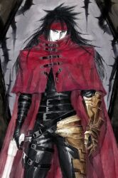 1boy absurdres belt belt_buckle black_gloves black_hair black_pants buckle cape clawed_gauntlets cloak closed_mouth cowboy_shot final_fantasy final_fantasy_vii final_fantasy_vii_rebirth final_fantasy_vii_remake gauntlets gloves gun hashtag-only_commentary headband highres holding holding_gun holding_weapon long_hair looking_at_viewer male_focus pale_skin pants red_cape red_cloak red_eyes red_headband shyuuwei single_gauntlet single_glove solo spiked_hair vincent_valentine weapon