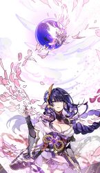 1girl absurdres armor asymmetrical_sleeves blue_pupils blunt_bangs blurry blurry_background braid breasts bridal_gauntlets cherry_blossoms cleavage collarbone commentary crying depth_of_field dust_cloud english_commentary falling_petals fan_hair_ornament flower genshin_impact glowing hair_flowing_over hair_ornament hand_up highres japanese_clothes kanishiima kimono large_breasts leaning_to_the_side long_braid long_hair looking_up low-braided_long_hair low-tied_long_hair mitsudomoe_(shape) mole mole_under_eye multicolored_hair neck_ribbon off_shoulder orb parted_lips petals purple_eyes purple_flower purple_hair purple_kimono purple_nails purple_thighhighs raiden_shogun red_ribbon red_sash ribbon sash shade shoulder_armor single_braid solo standing streaked_hair tears thighhighs thighs tomoe_(symbol) uneven_sleeves white_background wide_sleeves