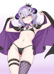1girl :q absurdres anon_remu arms_up belt bikini black_bikini black_cloak black_horns blush breasts cloak collar commentary crown curved_horns epaulettes fishnet_thighhighs fishnets from_below gluteal_fold highres holding_cloak horns labia_slip looking_at_viewer medium_hair mini_crown multicolored_cloak navel nearly_naked_cloak necktie purple_cloak purple_eyes purple_hair purple_necktie purple_thighhighs side-tie_bikini_bottom simple_background single_fishnet_legwear single_thighhigh small_breasts solo stomach swimsuit thigh_belt thigh_strap thighhighs tongue tongue_out two-sided_cloak two-sided_fabric varium virtual_youtuber white_collar yamaoka_remu