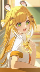 1girl animal_ear_fluff animal_ears blonde_hair chalkboard classroom from_side green_eyes highres indoors ju_fufu long_hair looking_at_viewer looking_to_the_side multicolored_hair open_mouth school_uniform serafuku shirt short_sleeves so_zei_tama_tama solo tiger_ears tiger_girl tiger_stripes white_hair white_shirt zenless_zone_zero