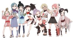6+girls :q absurdres adjusting_eyewear asagao_(kunoichi_tsubaki_no_mune_no_uchi) bandaged_arm bandages benisumomo black_choker black_eyes black_footwear black_gloves black_hair black_leggings black_scarf black_shorts blonde_hair blue_hair blue_kimono blunt_bangs book braid breath_weapon breathing_fire brown_eyes brown_hair chest_sarashi choker claw_pose crop_top dark-skinned_female dark_skin fingerless_gloves fire fishnet_sleeves fishnet_top fishnets food full_body glasses gloves grey_skirt hair_bun hair_ornament hair_over_shoulder hair_stick hairclip high_ponytail highres housenka_(kunoichi_tsubaki_no_mune_no_uchi) japanese_clothes kimono kimono_skirt kuji-in kunai kunoichi_tsubaki_no_mune_no_uchi leggings long_hair medium_hair midriff mizubashou_(kunoichi_tsubaki_no_mune_no_uchi) mokuren_(kunoichi_tsubaki_no_mune_no_uchi) multiple_girls navel ninja obi official_art onigiri open_clothes open_kimono open_mouth open_vest parted_bangs pink_hair pink_kimono pleated_skirt ponytail purple_hair purple_scarf red_ribbon red_sash red_scarf ribbon sandals sarashi sash sazanka_(kunoichi_tsubaki_no_mune_no_uchi) scarf scroll_tube short_hair short_kimono short_sleeves shorts shuriken side_ponytail sidelocks simple_background single_hair_bun skirt smile steepled_fingers toeless_footwear toeless_legwear toes tongue tongue_out topknot touwata_(kunoichi_tsubaki_no_mune_no_uchi) tsubaki_(kunoichi_tsubaki_no_mune_no_uchi) twintails vest weapon white_background white_kimono white_sash yamamoto_souichirou