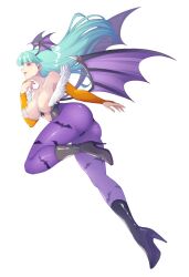 1girl animal_print ass bare_shoulders bat_print black_leotard blunt_bangs breasts bridal_gauntlets darkstalkers demon_wings full_body green_eyes green_hair head_wings highres leotard morrigan_aensland pantyhose purple_pantyhose simple_background solo utani_(punishment) white_background wings
