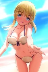 1girl beach bikini blonde_hair blue_eyes blush breasts clam_shell cleavage cloud collarbone highres large_breasts light_rays long_hair looking_at_viewer low_twintails matsunaga_kouyou navel ocean open_mouth original reaching reaching_towards_viewer sand seashell shell shell_bikini sky smile standing sunbeam sunlight swimsuit teeth twintails water white_bikini