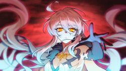 1girl ahoge arm_up black_fur blurry breasts chinese_commentary cleavage cloud cloudy_sky colored_skin depth_of_field fur_trim genshin_impact glowing glowing_eyes hair_between_eyes hair_floating_upwards head_tilt highres huge_ahoge large_breasts long_hair looking_at_viewer miemiehu multicolored_skin orange_eyes parted_lips reaching reaching_towards_viewer red_background shade sky solo two-tone_skin unknown_god_(genshin_impact) upper_body wavy_hair white_hair