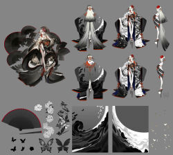 Rule 34 | 1girl, absurdres, alternate costume, butteryfly, chinese commentary, colored tips, commentary request, dahan jax, facial mark, flower, folding fan, full body, grey background, hair ornament, hair stick, hand fan, highres, japanese clothes, kimono, long hair, multicolored hair, multiple views, nail polish, onmyoji, red eyes, red lips, red nails, reference sheet, shiranui (onmyoji), side slit, simple background, toenail polish, toenails, too many, turnaround, umbrella hair ornament, very long hair, white flower, white hair, wide sleeves