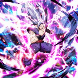 1boy aura dragon_ball dragon_ball_legends dragon_ball_super dragon_ball_super_super_hero gohan_beast lightning makankousappou muscular muscular_male official_art powering_up red_eyes serious solo son_gohan spiked_hair white_hair