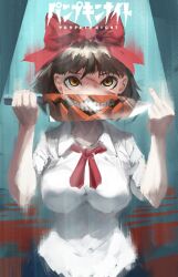 1girl absurdres blood blood_on_clothes blood_on_face blood_splatter bow breasts brown_eyes brown_hair collared_shirt crazy hair_bow hair_bun hairband highres holding holding_knife jewelry kirino_naoko knife looking_at_viewer mightygoodtales pumkin_queen pumpkin pumpkin_night red_bow red_hairband school_uniform shirt short_hair short_sleeves solo white_shirt