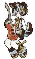 +_+ 1girl absurdres animal_ears animal_hands blue_hair brown_eyes brown_hair claws dog_ears dog_girl dog_tail full_body gloves guitar highres holding holding_guitar holding_instrument instrument looking_at_viewer original paw_gloves paw_shoes senmaze shirt short_hair shorts simple_background sleeveless sleeveless_shirt solo star-shaped_pupils star_(symbol) symbol-shaped_pupils tail white_background