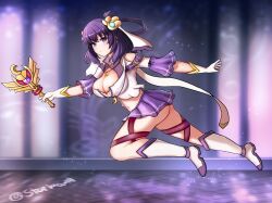 Rule 34 | 1girl, absurdres, ao no kiseki, artist name, bob cut, boots, bow-shaped hair, breasts, cleavage cutout, clothing cutout, commentary, commission, crescent, crescent necklace, double-parted bangs, eiyuu densetsu, english commentary, flying, gloves, hair between eyes, hair ornament, hajimari no kiseki, highres, holding, holding wand, jewelry, large breasts, looking at viewer, magical girl, necklace, purple eyes, purple hair, rixia mao, solo, stormowl0, twitter username, wand, white gloves, winged wand, zero no kiseki
