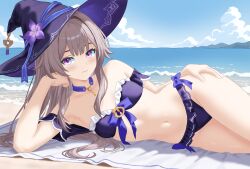 1girl alternate_costume armpits beach bikini blue_eyes breasts brown_hair day flat_chest frilled_bikini frills hat herta_(honkai:_star_rail) highres honkai:_star_rail honkai_(series) jewelry key key_necklace lewd_chan long_hair looking_at_viewer multicolored_bikini navel necklace ocean purple_bikini sky small_breasts smile solo swimsuit the_herta_(honkai:_star_rail) two-tone_bikini water witch_hat